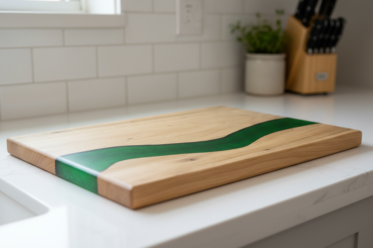 Custom Made Ambrosia Maple River Cutting Board With Green Epoxy