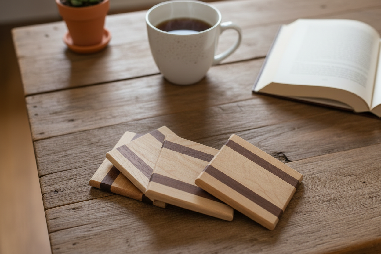 Maple and Black Walnut Wood Coaster Set