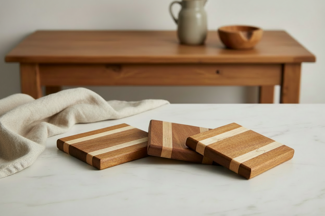 African Mahogany & Maple Wood Coaster Set