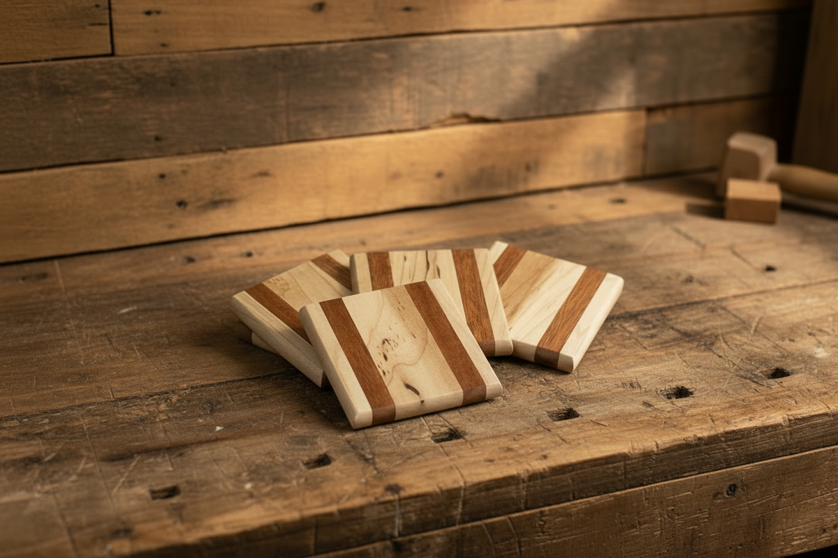 African Mahogany & Maple Wood Coaster Set