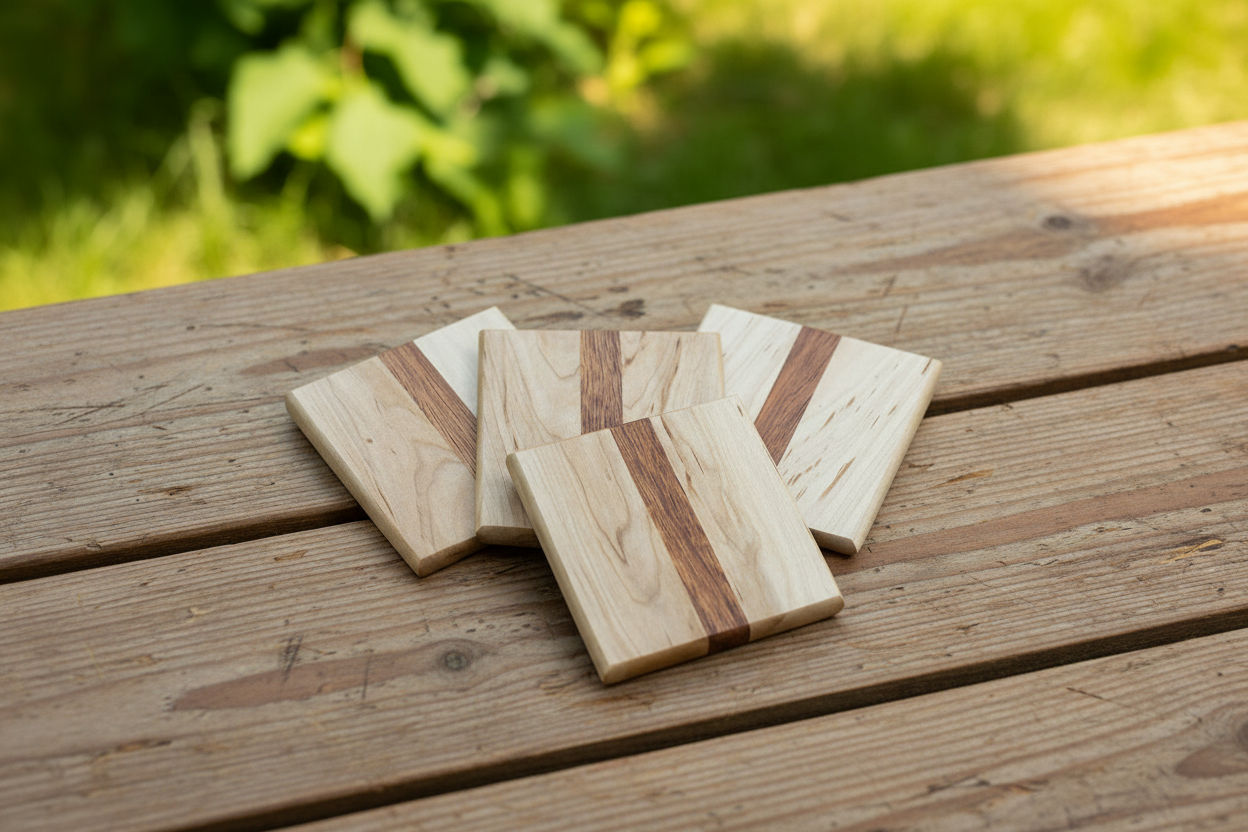 Maple and African Mahogany Wood Coaster Set